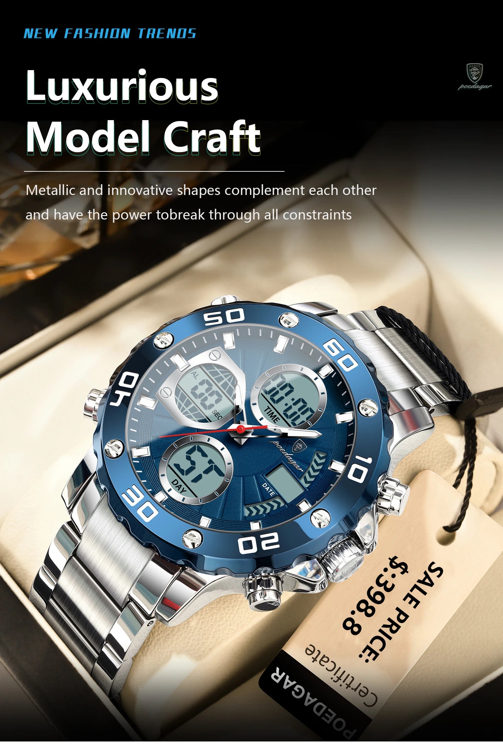 POEDAGAR Military Men's Quartz Wristwatch LED Alarm Dual Display Men Watch Electronic Waterproof Outdoor Sports Watches for Men - Sun Studio
