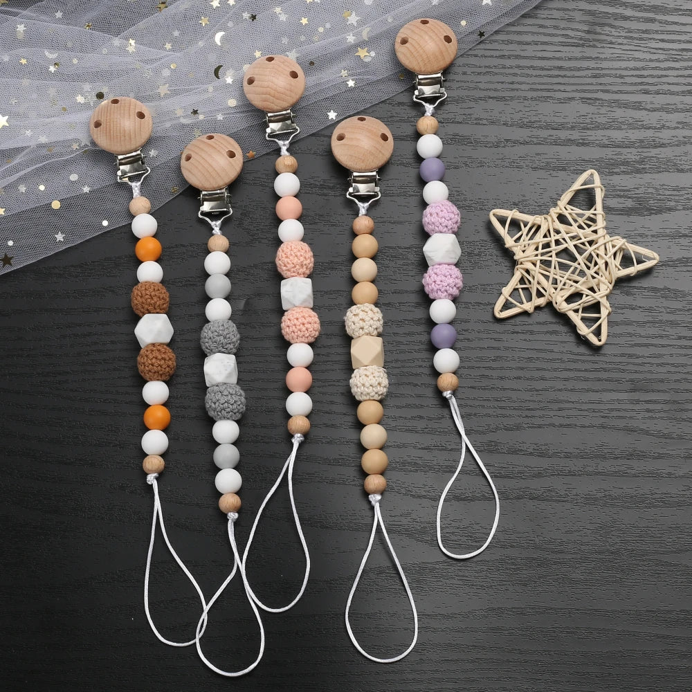 Wooden Felt Ball Baby Pacifier Chain Beech Soother Nipple Clips For Silicone Beaded Dummy Holder Chain Care Chew Toy Shower Gift - Sun Studio
