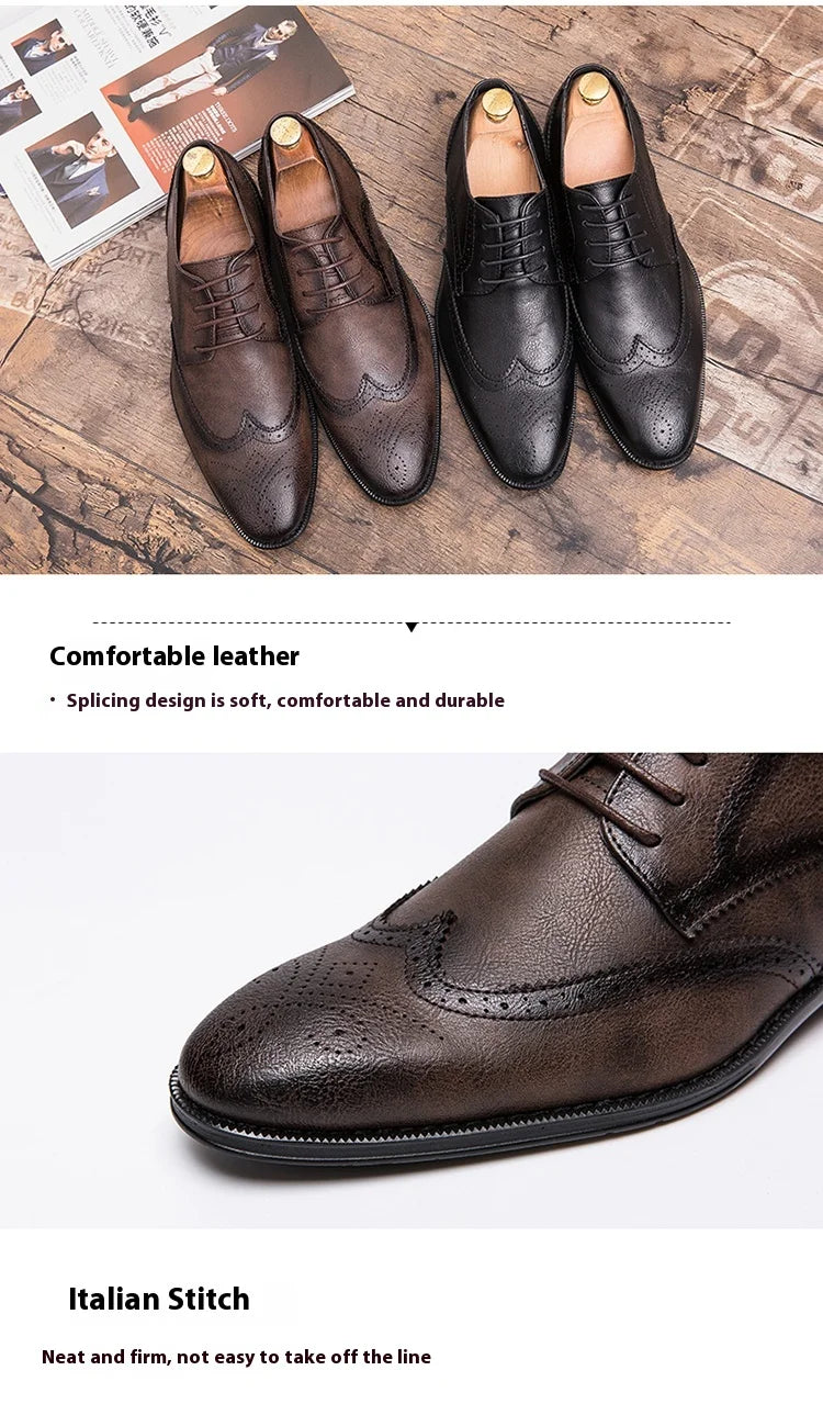 Lace-up casual leather shoes Men's wedding carved Brogues men's formal business pointed shoes Groom's leather shoes - Sun Studio