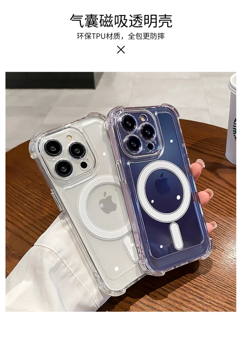 Luxury Wireless Charge For Magsafe Shockproof Phone Case For iPhone 13 14 15 12 Pro Max Plus Transparent Magnetic Bumper Cover - Sun Studio