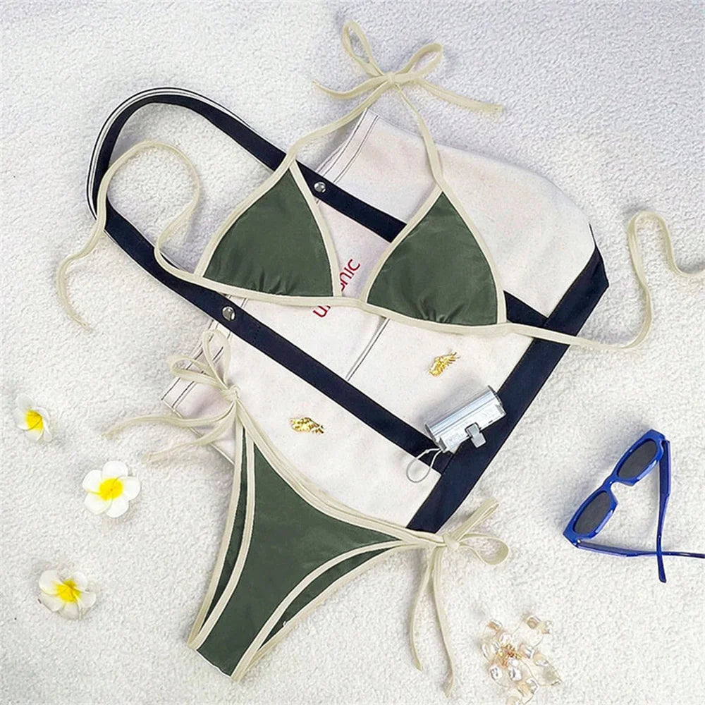 Micro Green Bikinis Halter String Border Y2K Swimsuit Push Up Backless Biquini Vacation Swimwear Women Beach Outfit Bathing Suit - Sun Studio