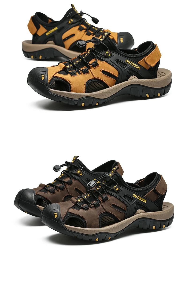 Men's Sandals Top Cowhide Upper Hollow Out Round Toe Outdoor Beach Walking Non Slip Durable Summer Beach Shoes Adjustable Buckle - Sun Studio