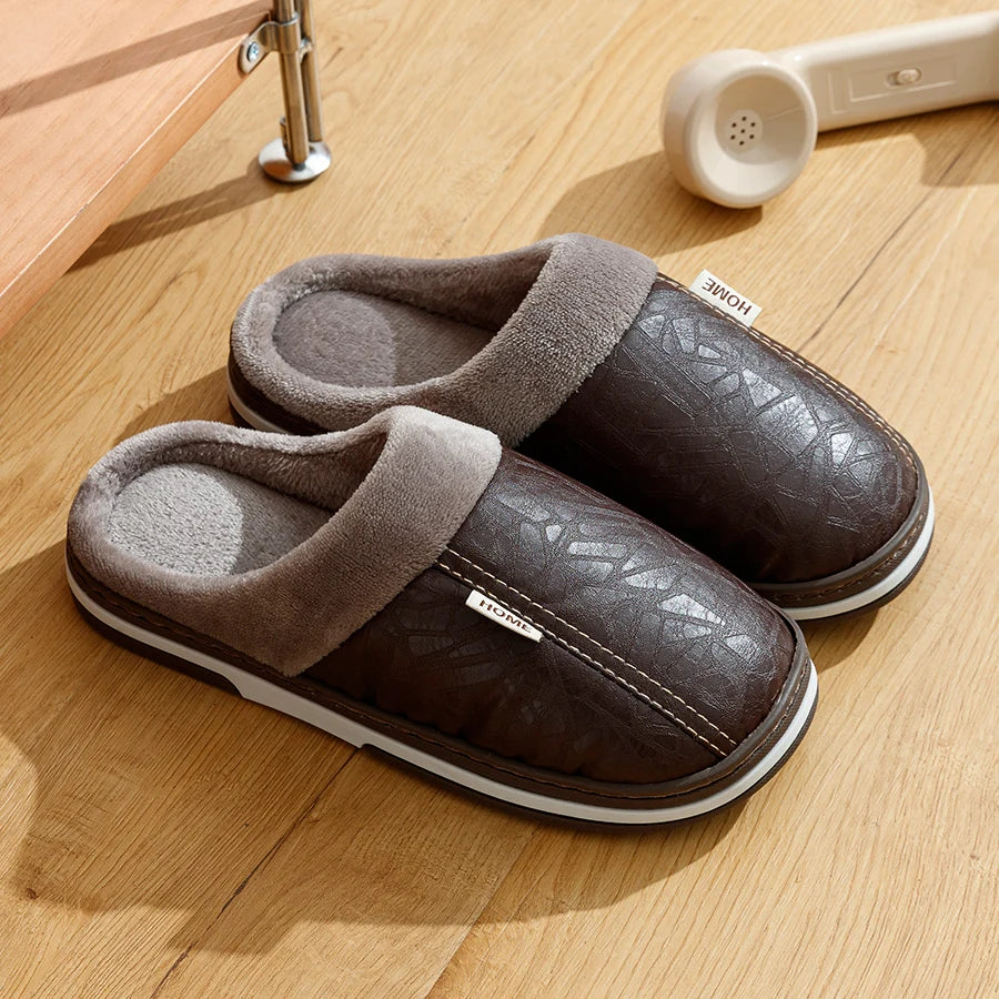 PU Leather Big Sizes Men slippers Indoor Waterproof Fur Flat Men's Winter Home Slipper Cotton Bedroom Houseshoes - Sun Studio
