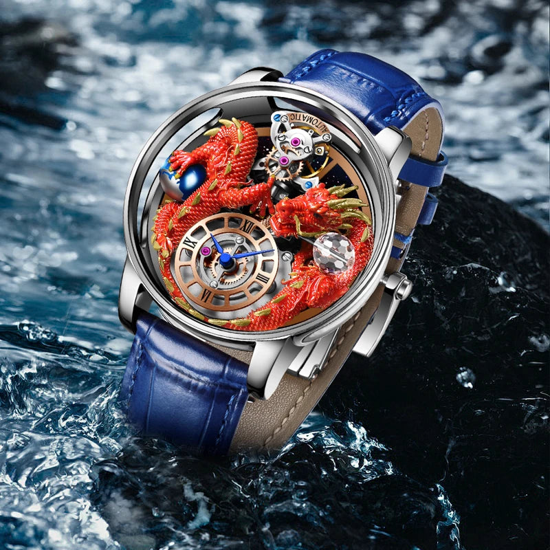 PINDU Design New 3D Dragon Earth Theme Quartz Watches Men Celestial Series Curved Mirror Transparent Design Watch Wristwatches - Sun Studio
