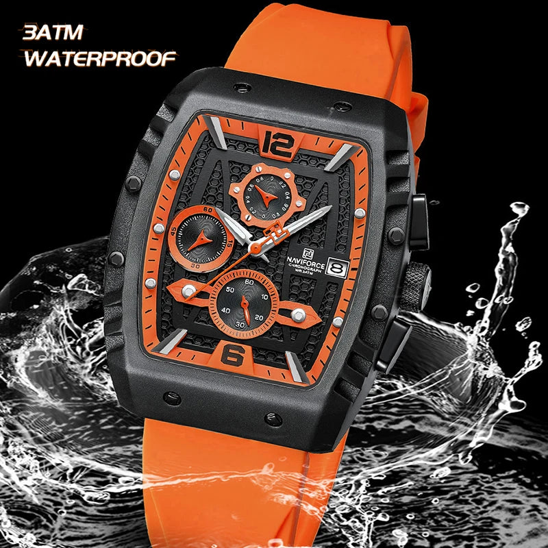 NAVIFORCE Creative Barrel-Shaped Dial Men Watches Fumed Silica Strap Waterproof Quartz Chronograph Date Display Male Wrist Watch - Sun Studio