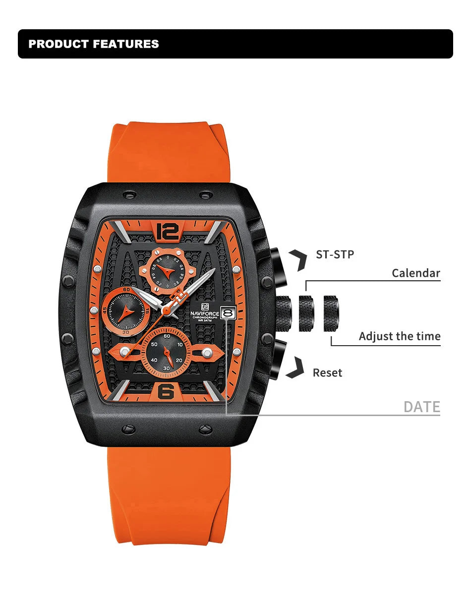 NAVIFORCE Creative Barrel-Shaped Dial Men Watches Fumed Silica Strap Waterproof Quartz Chronograph Date Display Male Wrist Watch - Sun Studio