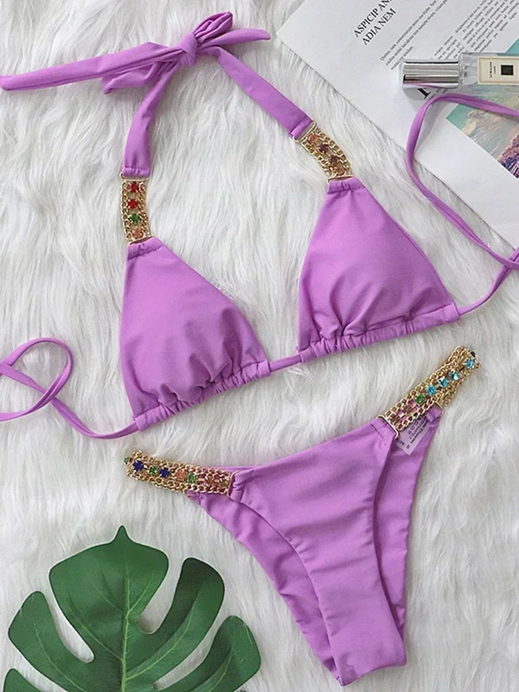 Halter Rhinestone Diamant Bikini Frauen Badeanzug Weibliche Bikinis Metallkette Badebekleidung Zweiteiliges Bikini Set Badeanzug Schwimmen Damen