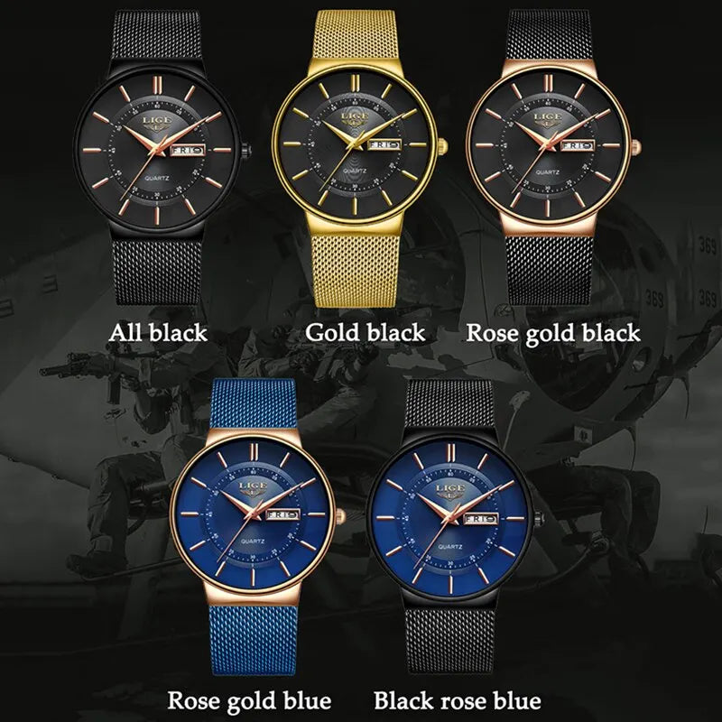LIGE 2024 Luxury Men Watches Waterproof Ultra Thin Date Clock Male Steel Strap Casual Quartz Watch Men Sports Wrist Watch Man - Sun Studio