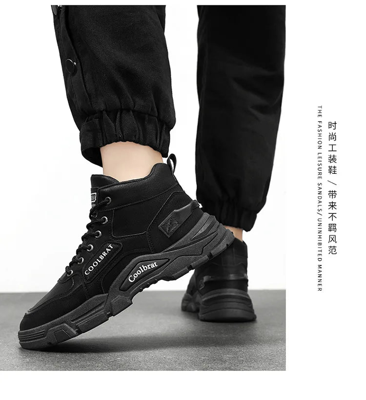 2026 new Men's High Top Boots Trendy Black Motorcycle Boots Outdoor Warm Platform Boots Men Lace-up Leather Boot Bota Masculina - Sun Studio