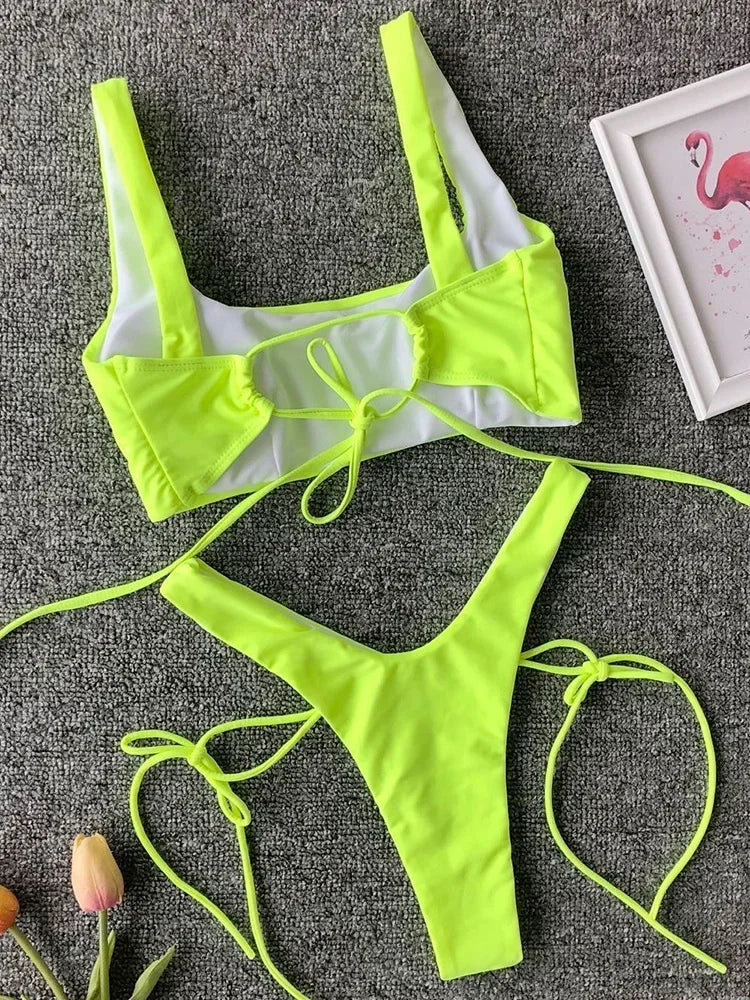 New 2025 Neon Green High Leg Cut Bikini Female Thong Swimsuit Women Brazilian Swimwear Two-pieces Bikini set Bather Bathing Suit - Sun Studio
