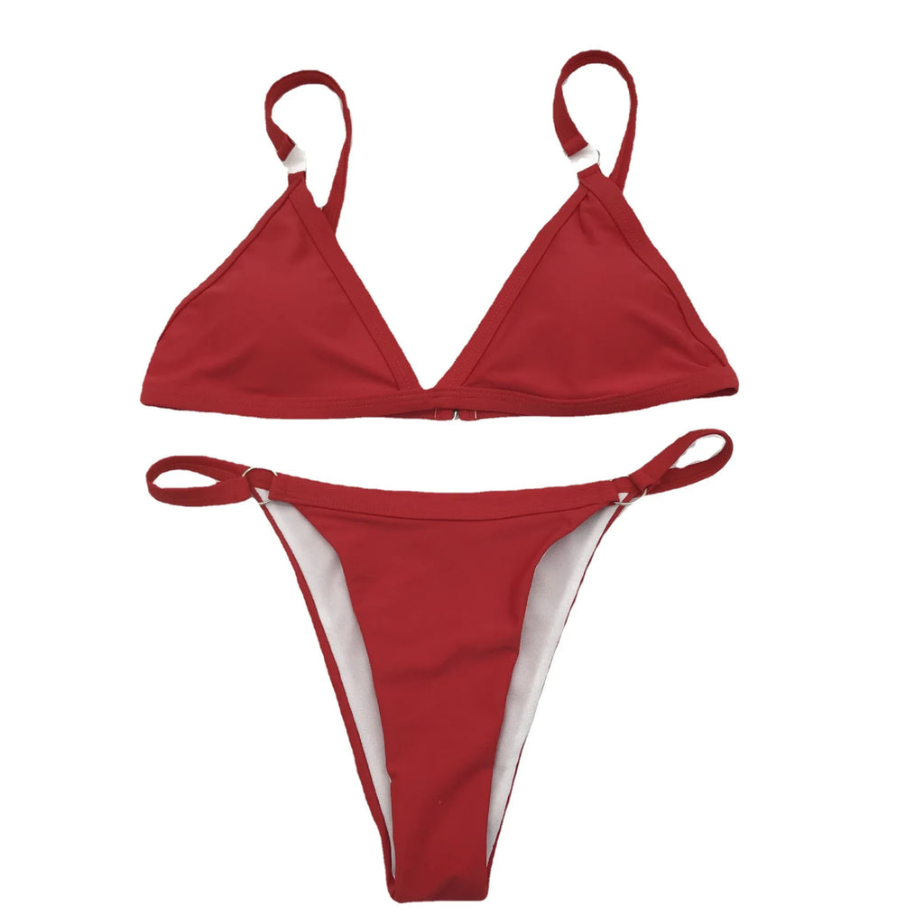 Popular European and American Style Women's Solid Color Fashionable Sexy Triangle Bikini Split Swimsuit Metal Swimsuit - Sun Studio