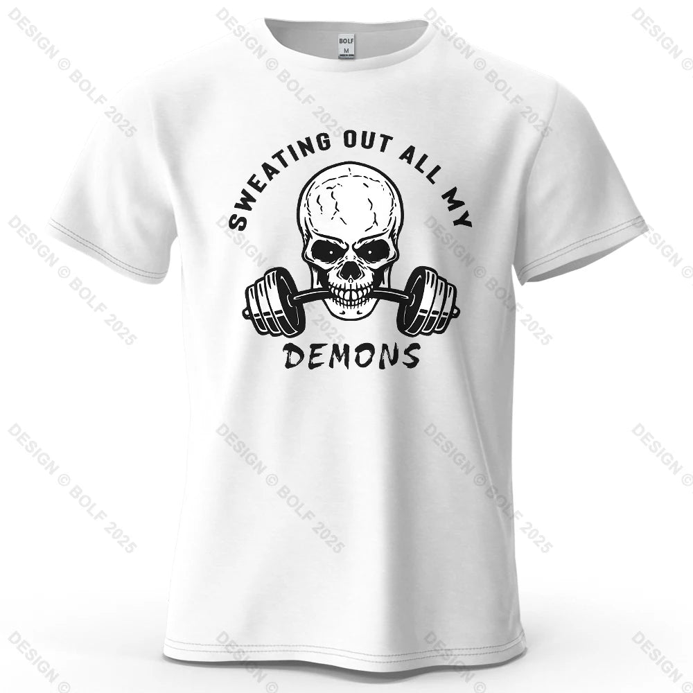 Fitness Skull Motivated Printed Men's T-Shirt 100% Cotton Oversized Gym Graphic Tees for Women Tops Tees Casual Streetwear - Sun Studio