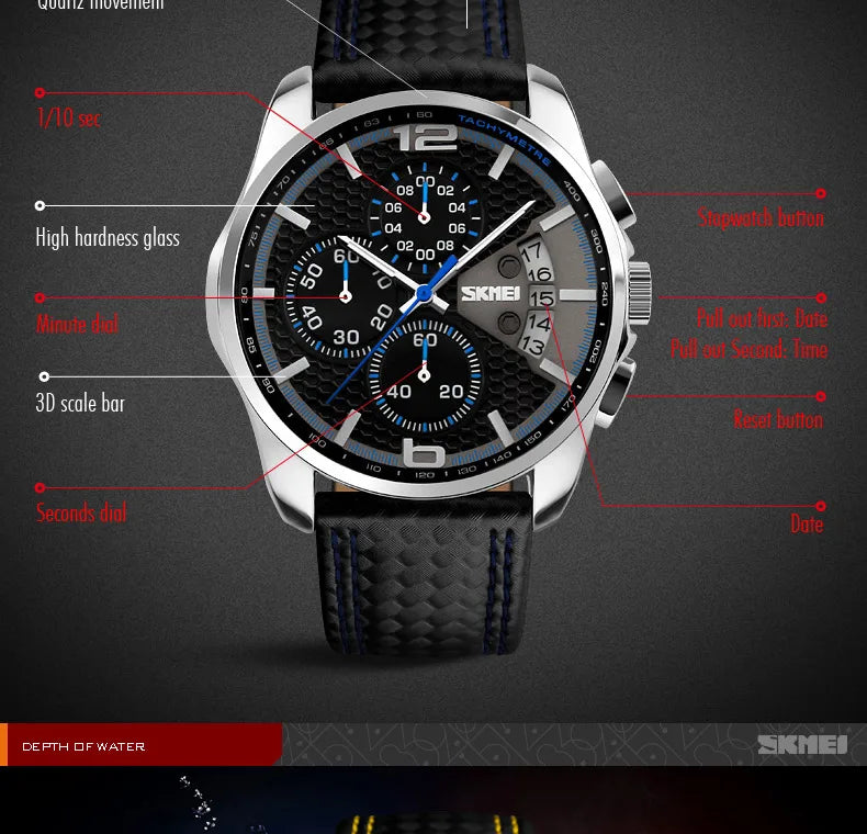 Skmei Top Brand Luxury Leather Strap 5Bar Waterproof Quartz Wristwatches Relogio Masculino Fashion Sport Mens Watches 9106 - Sun Studio