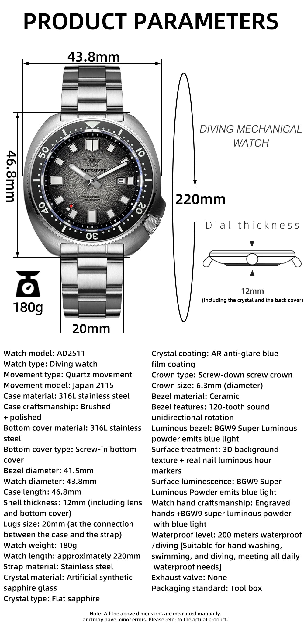 ADDIESDIVE Watch For Man AD2511 Sapphire Glass Window Display BGW9 Luminous 200M waterproof 316L Stainless Steel Quartz Watches - Sun Studio