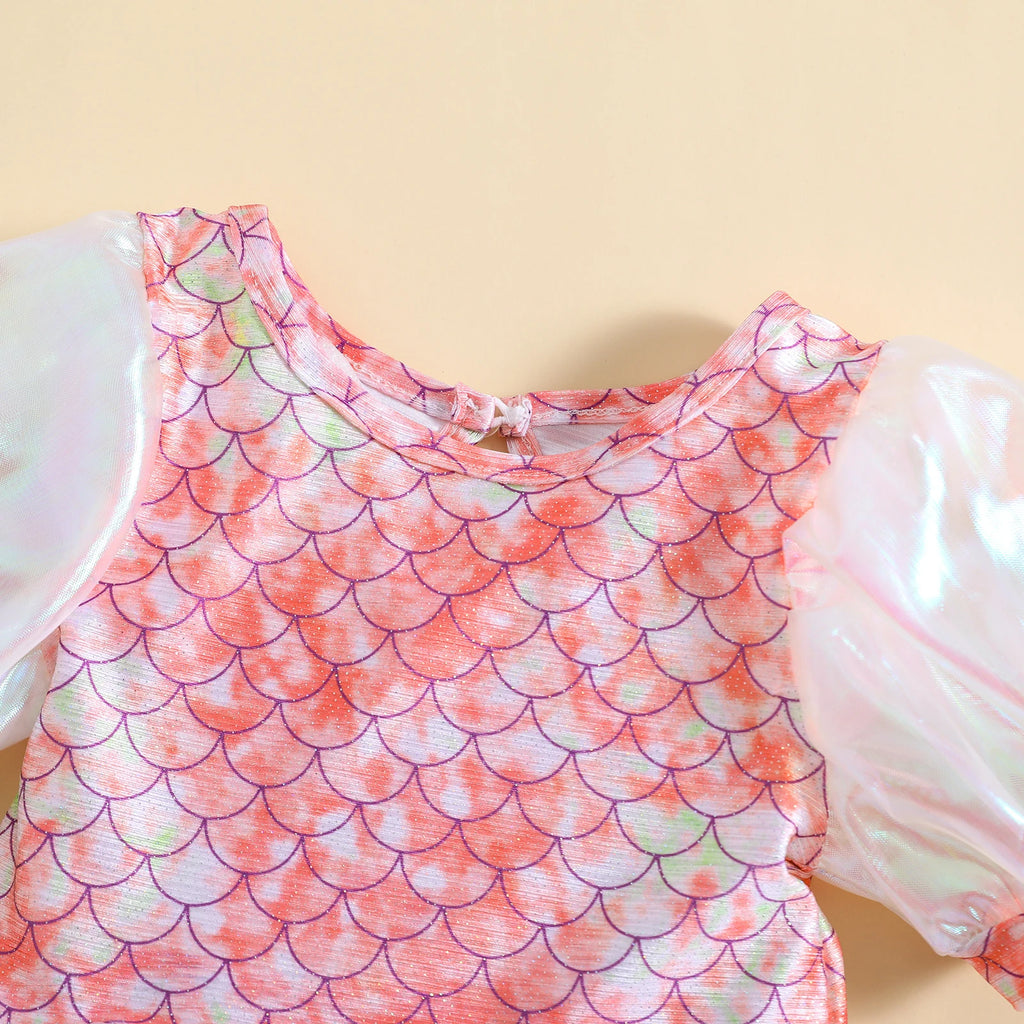 FOCUSNORM 1-5Y Kids Girls Summer Swimsuit Mermaid Skin Printed Mesh Patchwork Short Puff Sleeve Jumpsuits Beachwear - Sun Studio