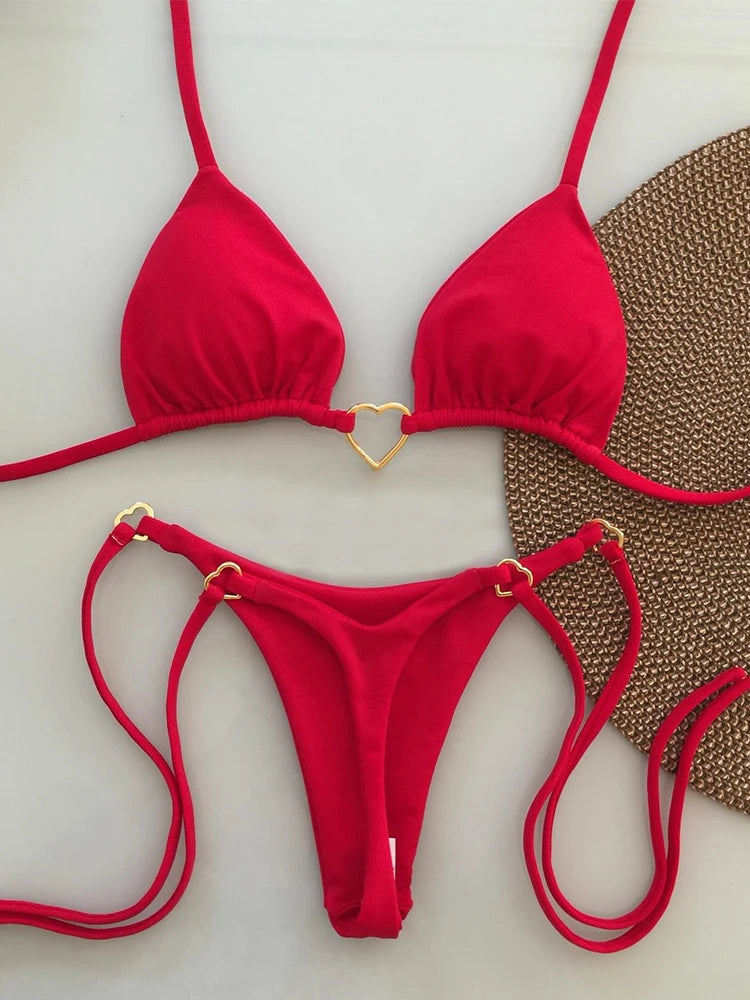 2024 New Sexy Low Waisted Bikini Set Swimsuit Female Swimwear Women Solid Red Strappy Beachwear Bathing Suits Brazilian biquini - Sun Studio