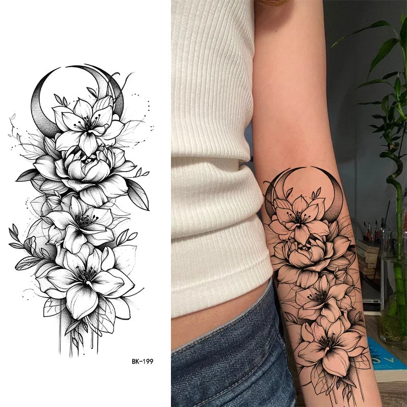 Schwarz Weiß Temporäre Transfer Tattoos Florale Schmetterlinge Schriftzüge Linienkunst Wasserfeste Körperaufkleber für Musikfestival Party