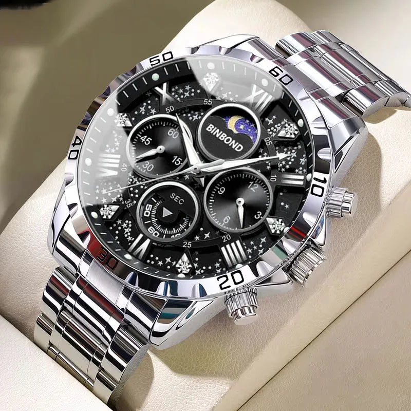 BINBOND Luxury Fashion Men Watches Multi-functional Stainless Steel Original Quartz Wristwatch Moon Phase Chronograph Waterproof - Sun Studio