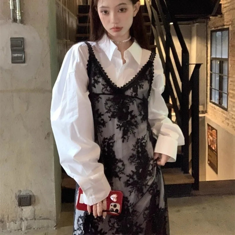 Solid Dresses Women Summer Girls Embroidery Lace Designed Korean Style Layering Streetwear Prevalent Attractive Leisure Trendy - Sun Studio