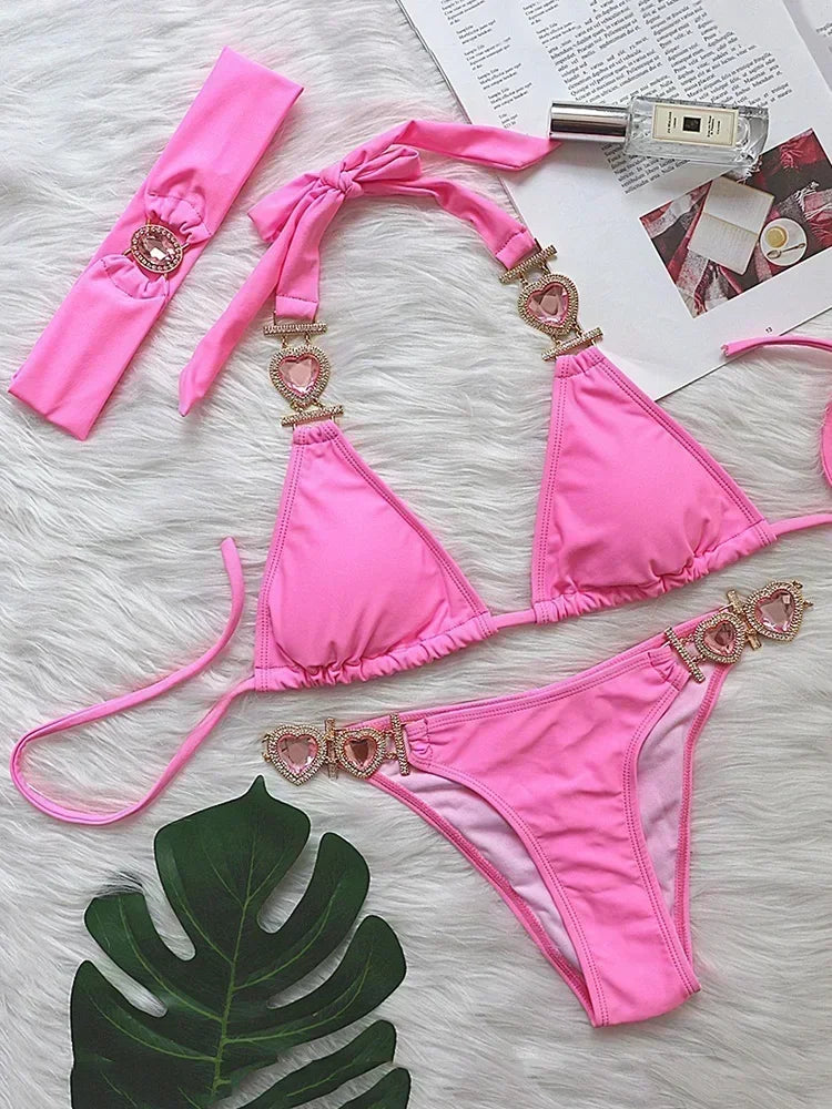 Halter Rhinestone Diamond Bikini Women Swimsuit Female Bikinis Metal Chain Swimwear Two Pieces Bikini Set Bathing Suit Swim Lady - Sun Studio