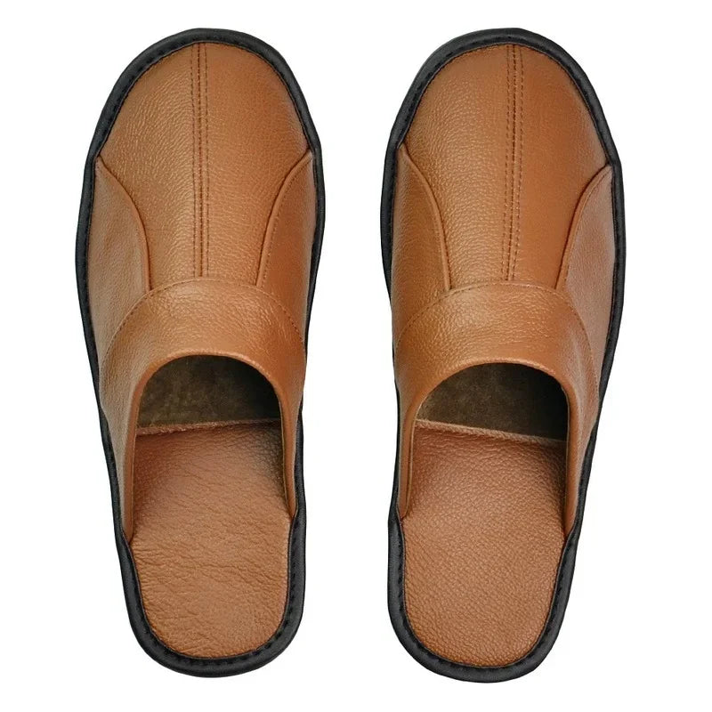 Men's Luxury Cow Split Leather Handmade Men Home Slippers Spring Slip on Soft Comfortable Black Brown Bedroom Indoor Flat Shoes - Sun Studio