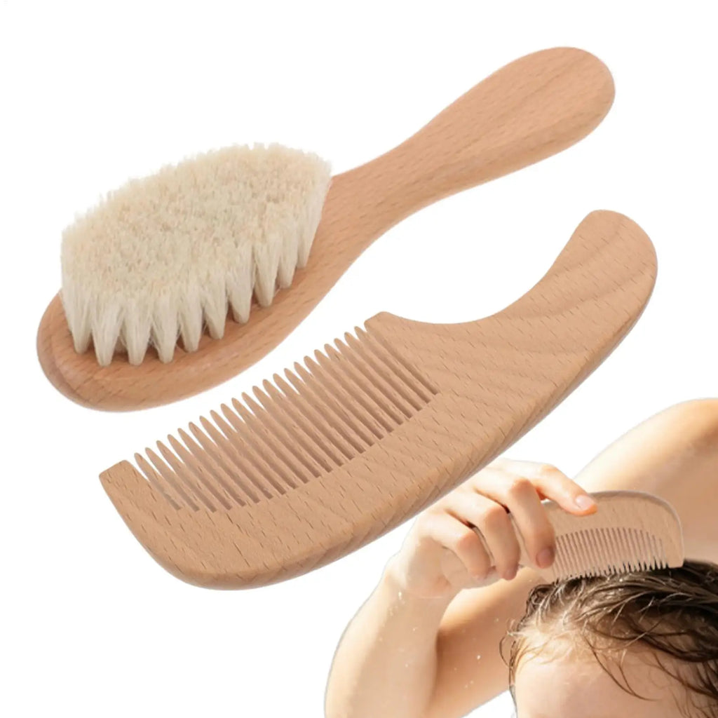 Kids Hair Brush Set Natural Soft Bristles Wooden Handle Baby Detangling Comb Styling Care Scalp Massage for Girls Home Daily - Sun Studio