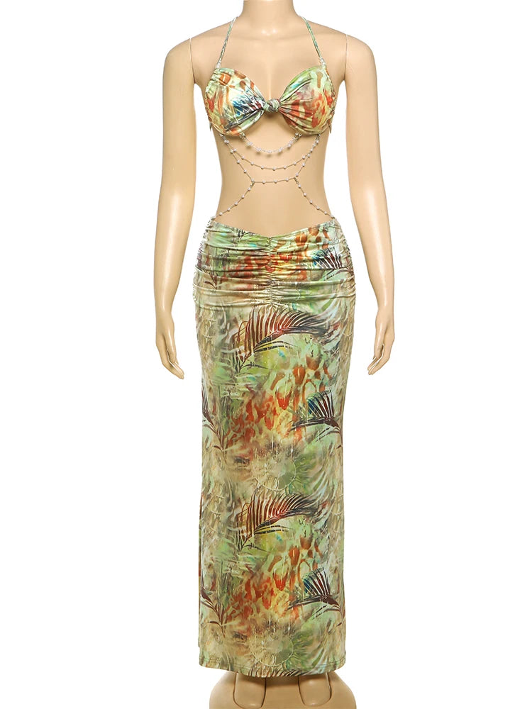 kliou Pearl Splice Stunning Dresses Women Sexy Tie Dye Tassel Bandage Hollow Shirring Maxi Bodycon Lady Vacation Party Vestidos - Sun Studio