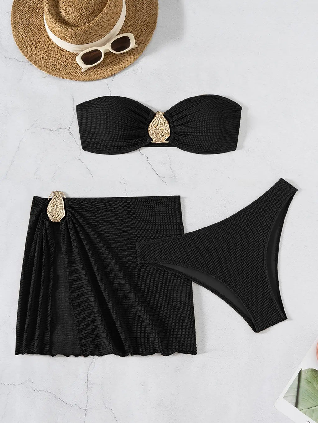Sexy Bandeau Bikini Women Coffee Metal Water Droplet Ornament Push Up Mesh Skirt 3 Piece Swimsuit Beach Bathing Suit Swimwear - Sun Studio