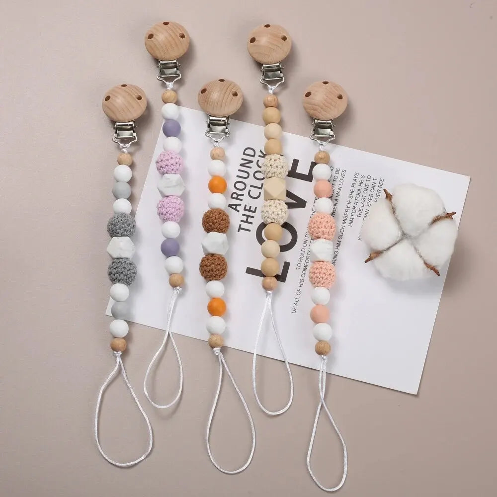 Wooden Felt Ball Baby Pacifier Chain Beech Soother Nipple Clips For Silicone Beaded Dummy Holder Chain Care Chew Toy Shower Gift - Sun Studio