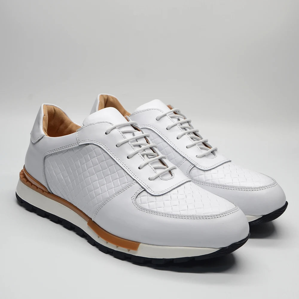 4 Colors Genuine Leather Man Luxury Sneakers Plaid Weave Pattern Lace-up Men Casual White Oxford Shoes Deals Spring Autumn 2024 - Sun Studio