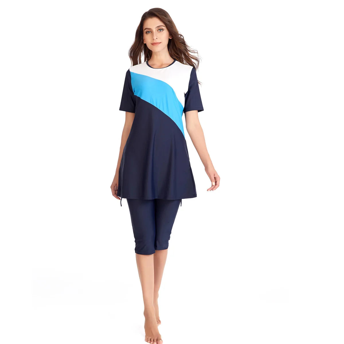 Short Sleeve Muslim Swimwear for Women, Modest Patchwork Hijab, Sport Swimsuit, Islamic Burkinis, Bathing Suit - Sun Studio