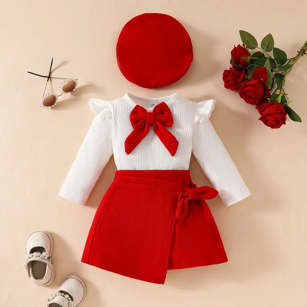 Baby Girls Clothes New Year Set 0-3Y Long Sleeve Big Bow Top Irregular Skirt and Beret 3Pcs Toddler Christmas Clothes - Sun Studio