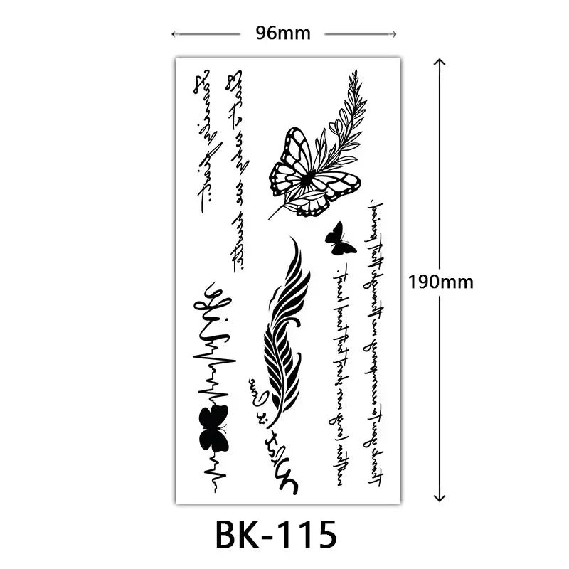 Rosenblüten-Tattoo Temporäres wasserdichtes Schmetterlings-Fake-Tattoo für Frauen Schwarzes Blumen-Skizzen-Tattoo-Aufkleber