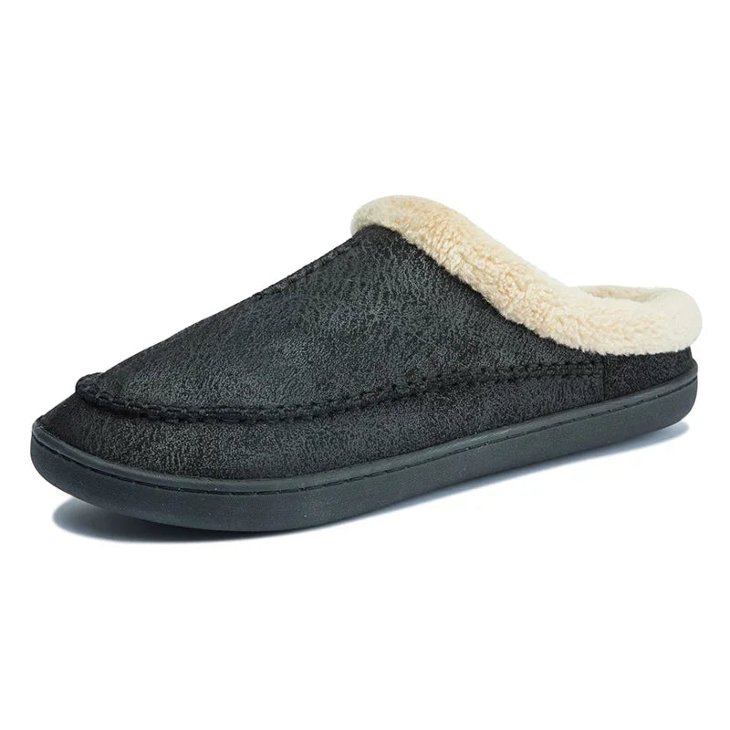 Men Slippers Black New Winter Suede Slippers Warm Indoor Slipper Waterproof Home House Shoes Men Warm Velvet Fur Knitting Shoes - Sun Studio