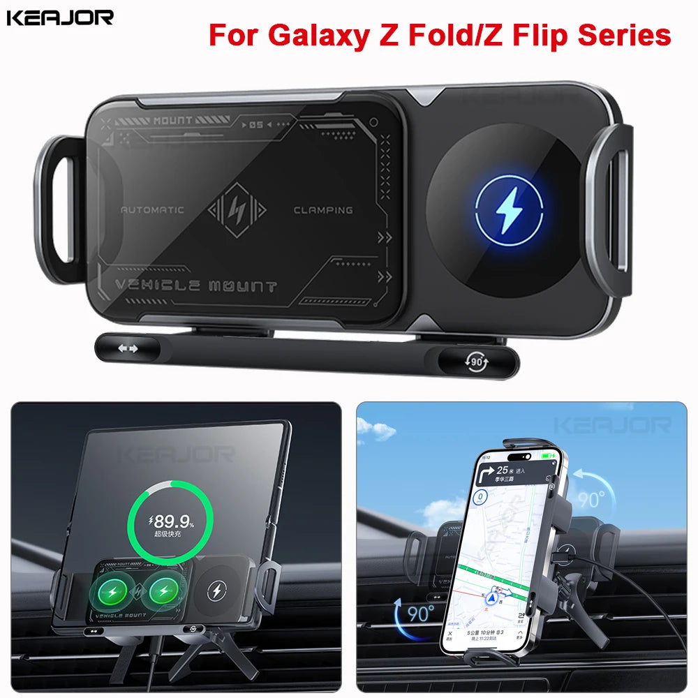 Car Wireless Charger DualCoil Fold Screen Car Phone Holder for Samsung Galaxy Z Fold 6 5 Flip 4 3 Fast Charging Vent Mount Stand - Sun Studio