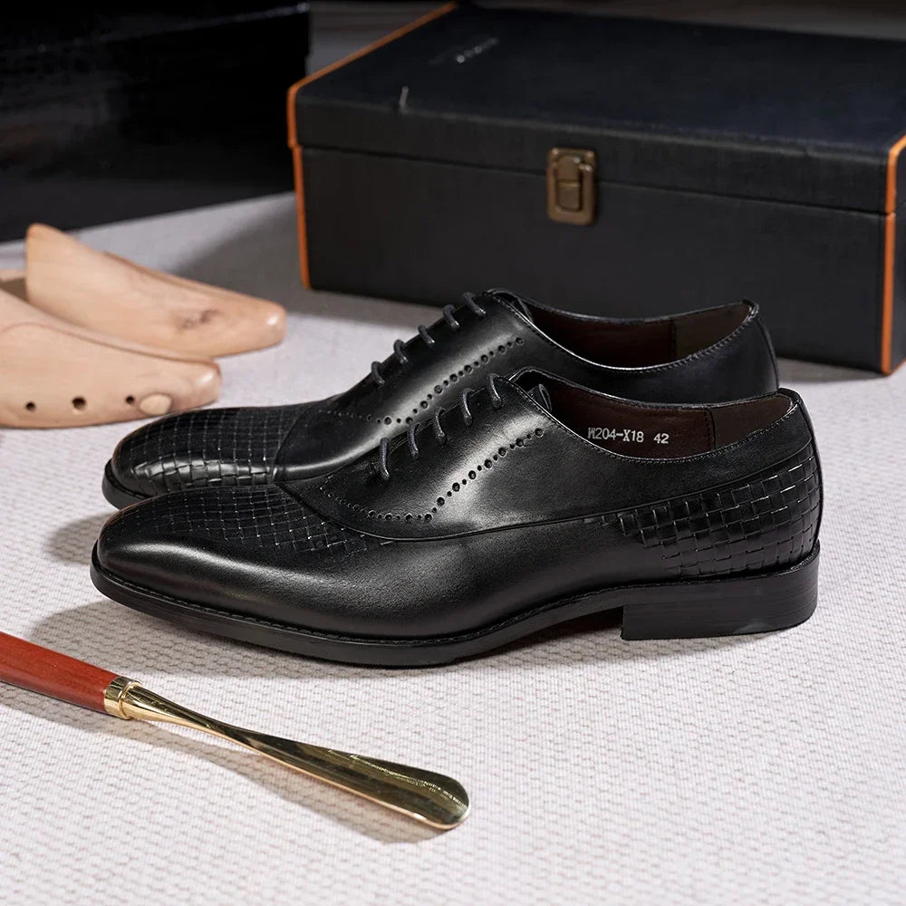 Men's Genuine Leather Oxfords Fashion Pointed Toe Wedding Party Dress Shoes Luxury Lace-Up Office Career Formal - Sun Studio