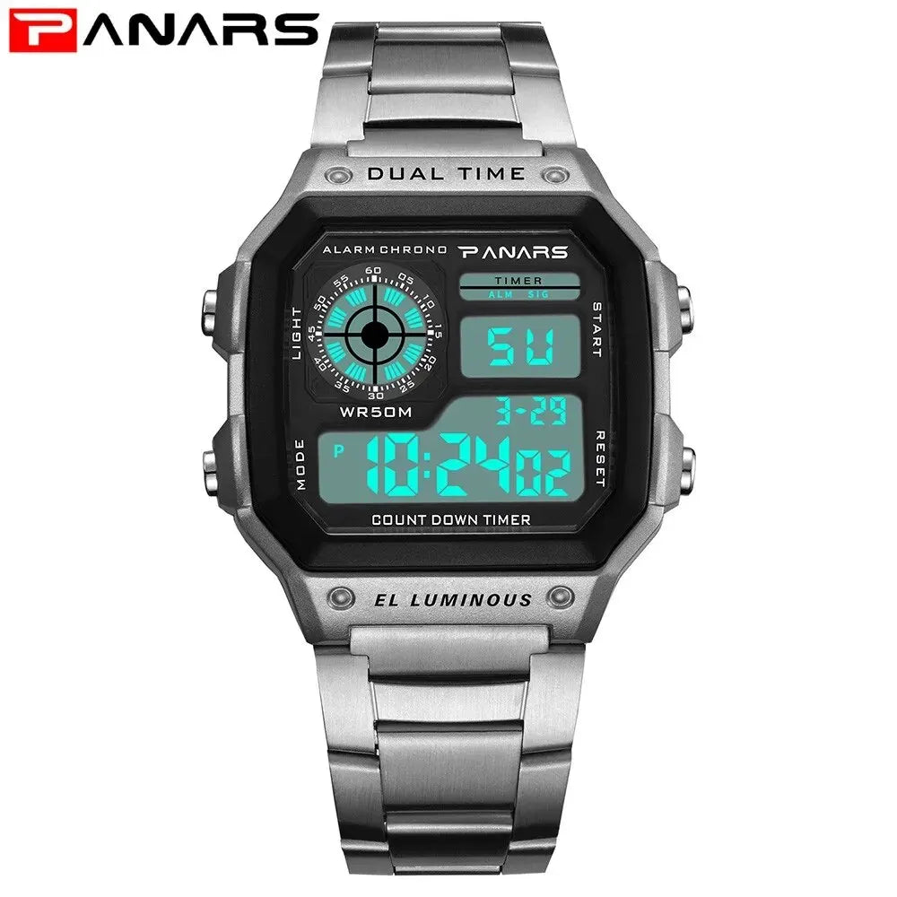 PANARS Top Luxury Stainless Steel Strap Sport Watches Mens Waterproof Back Light Digital Wristwatch Male Alarm - Sun Studio
