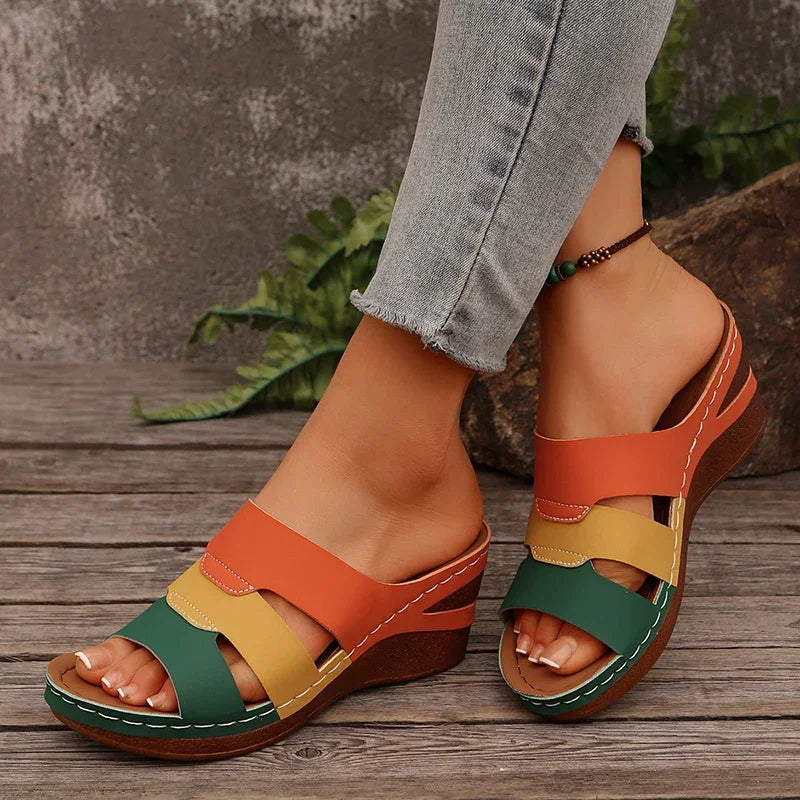 Summer Contrast Color Wedge Sandals for Women 2025 Comfortable Thick Sole Beach Slippers Woman Casual Anti Slip Outdoor Slides - Sun Studio
