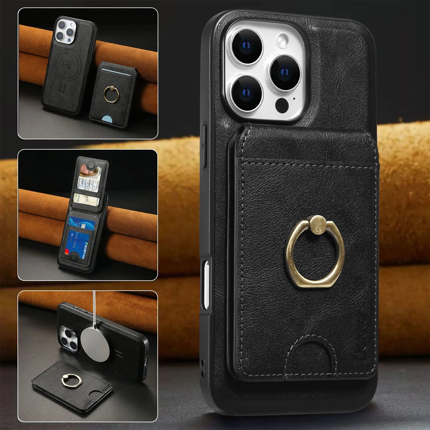 2 in 1 Detachable Vertical Cards Solt Ring Holder Wallet Leather Case For iPhone 16 Pro Max 15 Plus 14 13 12 Magnetic Bag Cover - Sun Studio