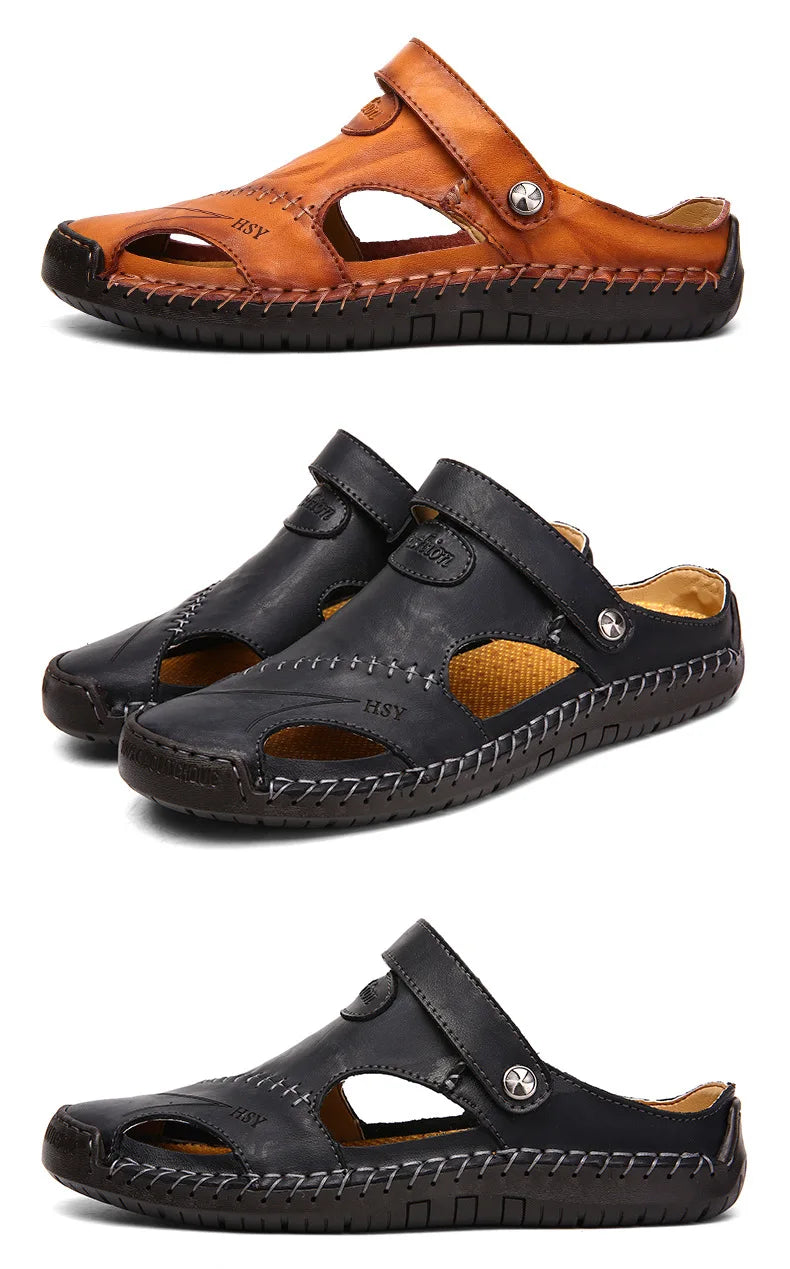 Große Größe Herren Sandalen Freizeit Leder Strand Schuhe Atmungsaktive Slip-On Langlebige genähte Konstruktion Bequeme Wandersandalen