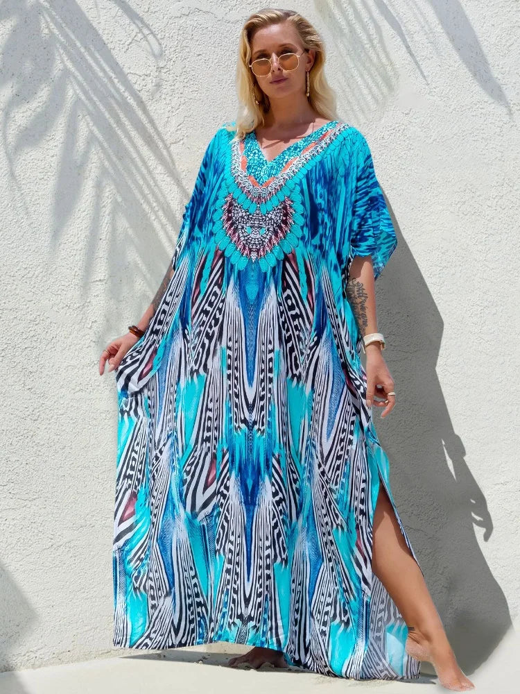 EDOLYNSA Bohemian Printed Women Plus Size vacation kaftan Summer Beach Maxi Dress Beachwear SwimSuit Cover Up beach wear  Q999 - Sun Studio