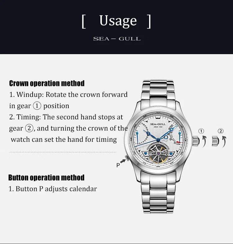 Sea-Gull Mechanical Men's Watch Hollow Flywheel Automatic Watch Multifunction 316L Stainless Steel Calendar Brand Watches M160S - Sun Studio