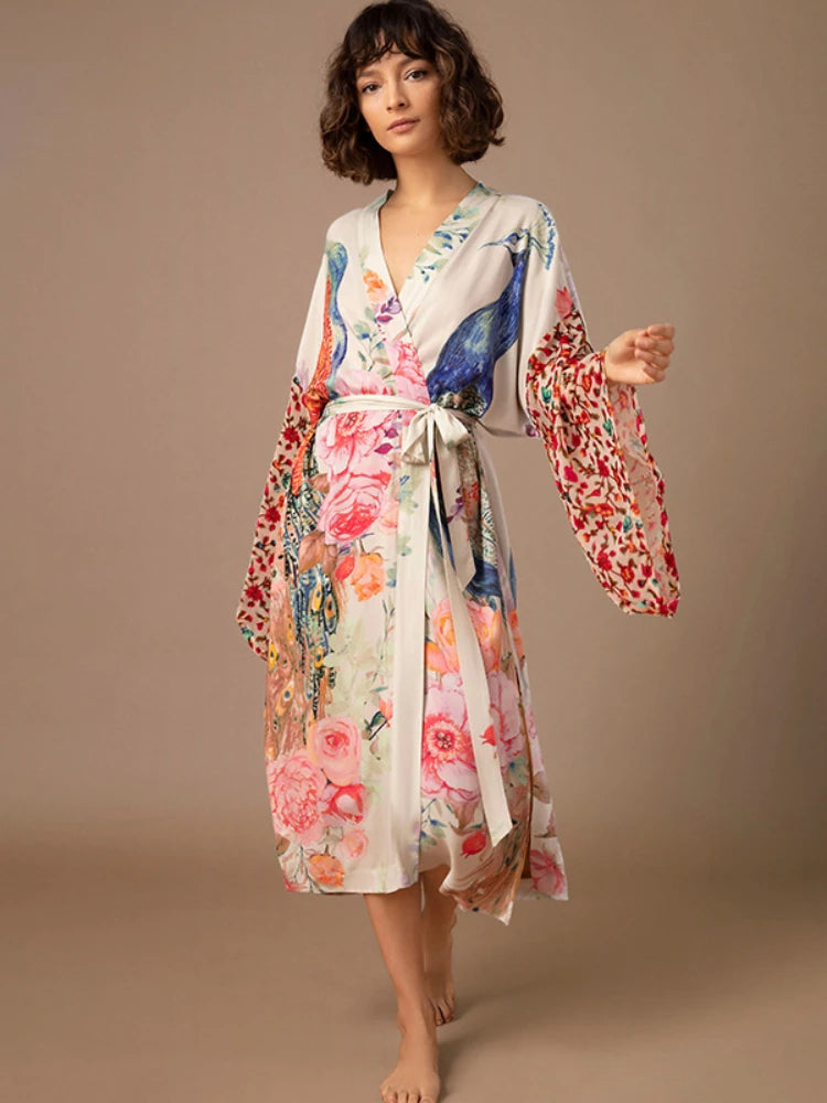 Beach Kimono for Women Peocock Printed Swimsuit Cover Up Self Belted Wrap Dresses Seaside Bathing Suits Beachwear - Sun Studio