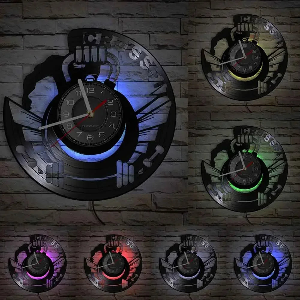 Fitness Equipment Thema Vinyl Schallplatte Fitness Wanduhr Heimdekoration LED Hintergrundbeleuchtung Moderne Fitness Uhr