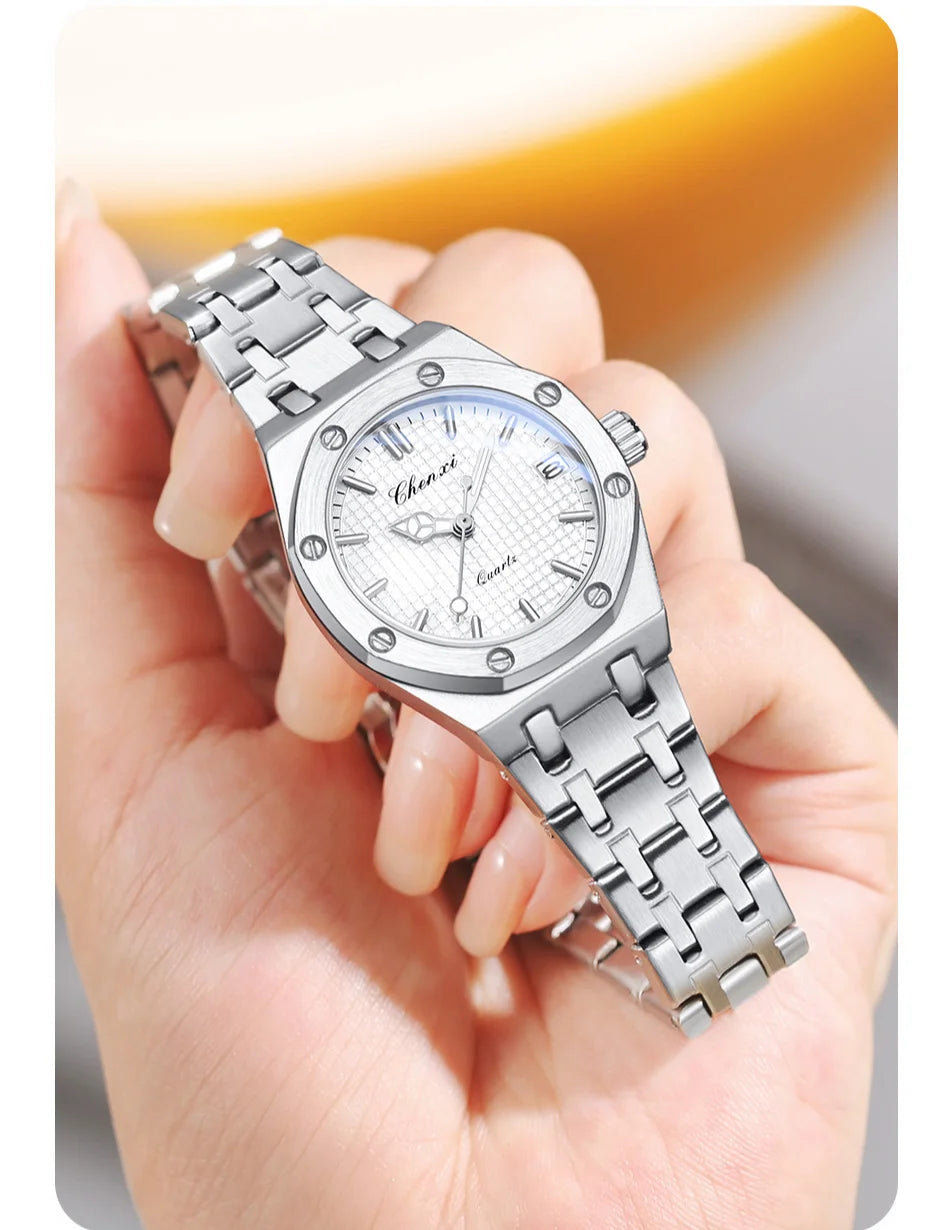 Luxury Women Watches Silver Steel Simple Casual Business Dress Watches for Women Top Brand Waterproof 3bar Calendar Gift Clock - Sun Studio