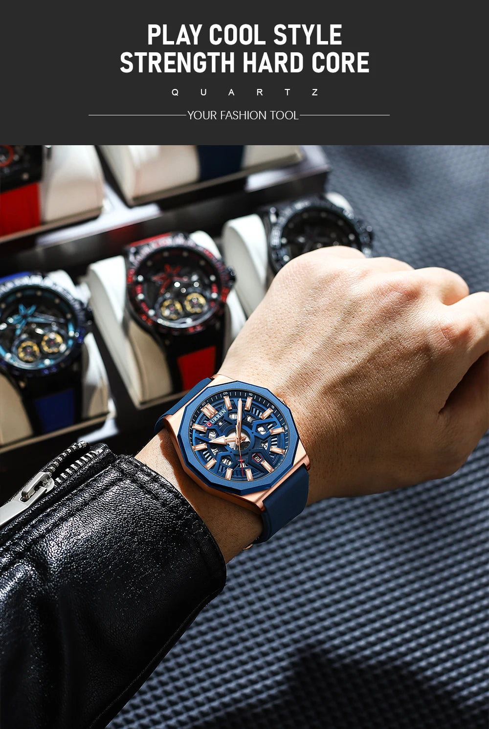 CURREN Fashion Creative Design Watches Men Quartz Silicone Strap Date Wristwatches for Male Clock with Luminous Hands - Sun Studio