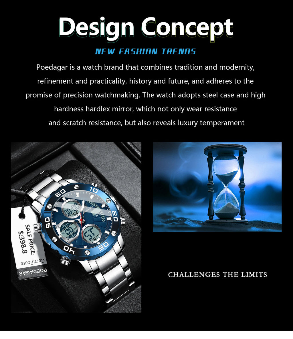 POEDAGAR Military Men's Quartz Wristwatch LED Alarm Dual Display Men Watch Electronic Waterproof Outdoor Sports Watches for Men - Sun Studio