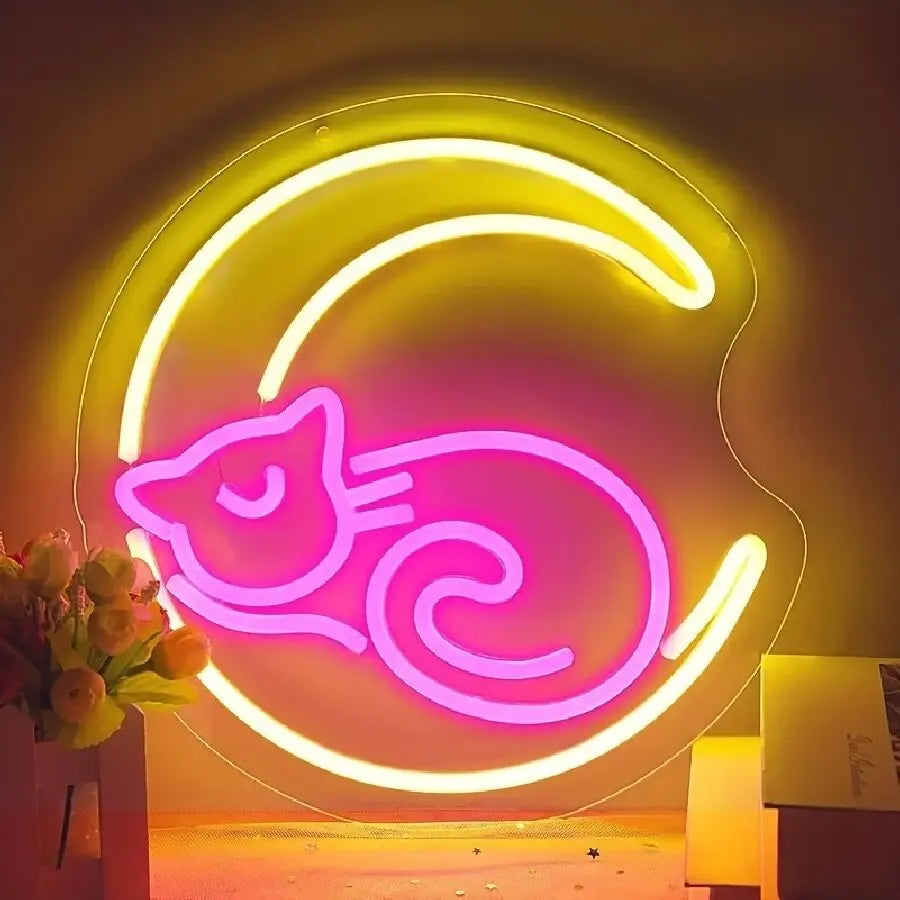 Anime Cat & Moon Neon Sign for Wall Art Arcade Decor, LED Night Lights Home Decor for Game Room Sign,Bedroom, Living Room, Bars - Sun Studio