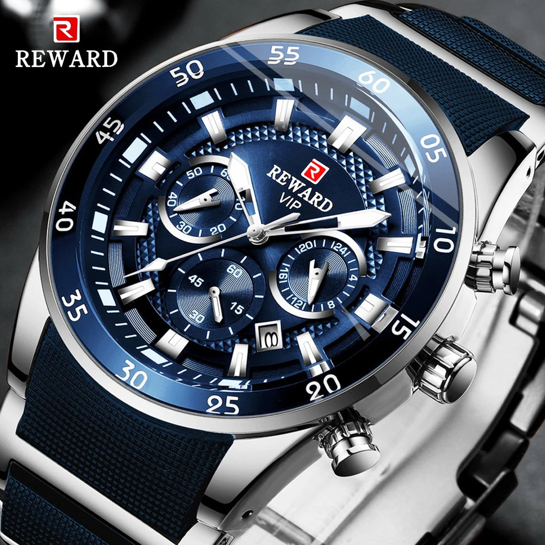 REWARD Blue Business Watches for Men Chronograph Silicone Quartz Wristwatch Man Wrist Watches Male Sports Waterproof Watch - Sun Studio