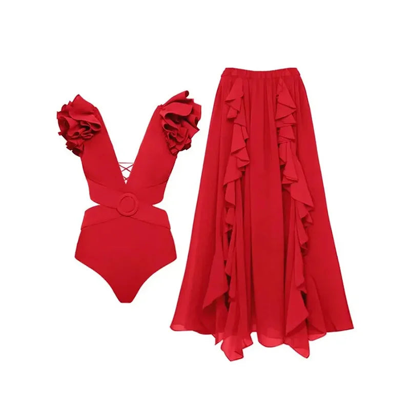 2024 Sexy Damen Badeanzug mit Rock Einteiler Badebekleidung Vintage Rüsche V-Ausschnitt Cover Up Bikinis Set Strandmode Badeanzug